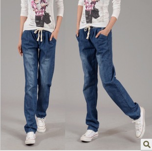 2012 autumn straight jeans female loose casual plus size elastic waist jeans female long trousers