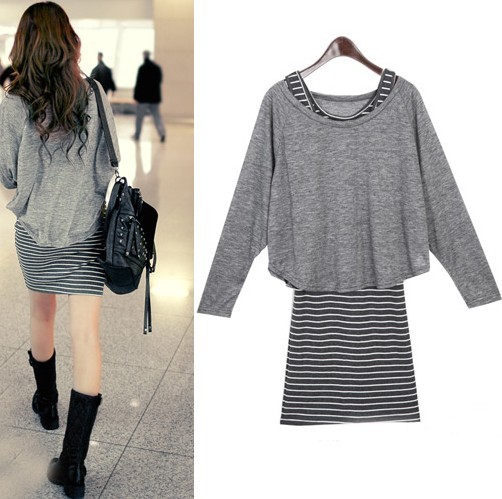 2012 autumn stripe sleeveless vest basic skirt batwing sleeve cover twinset one-piece dress