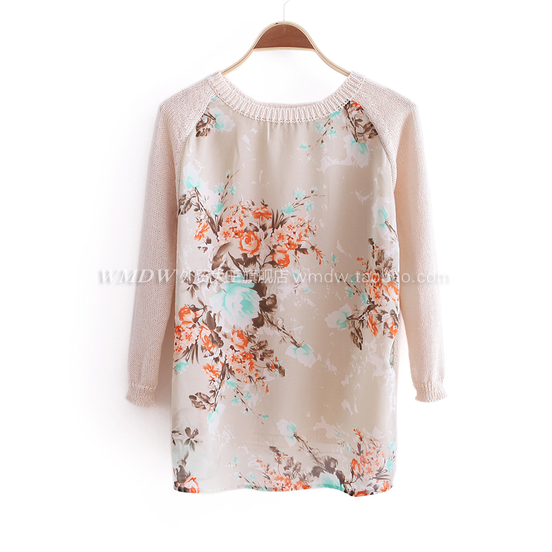 2012 autumn sweet flower print chiffon patchwork o-neck pullover sweater wx1008