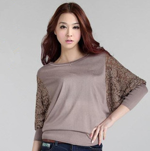 2012 autumn sweet lace long-sleeve sweater o-neck loose sweater female batwing shirt