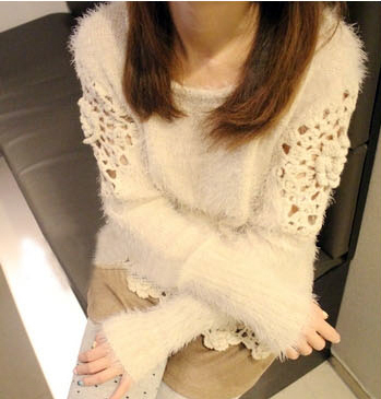 2012 autumn sweet sleeves cutout crochet mohair sweater female