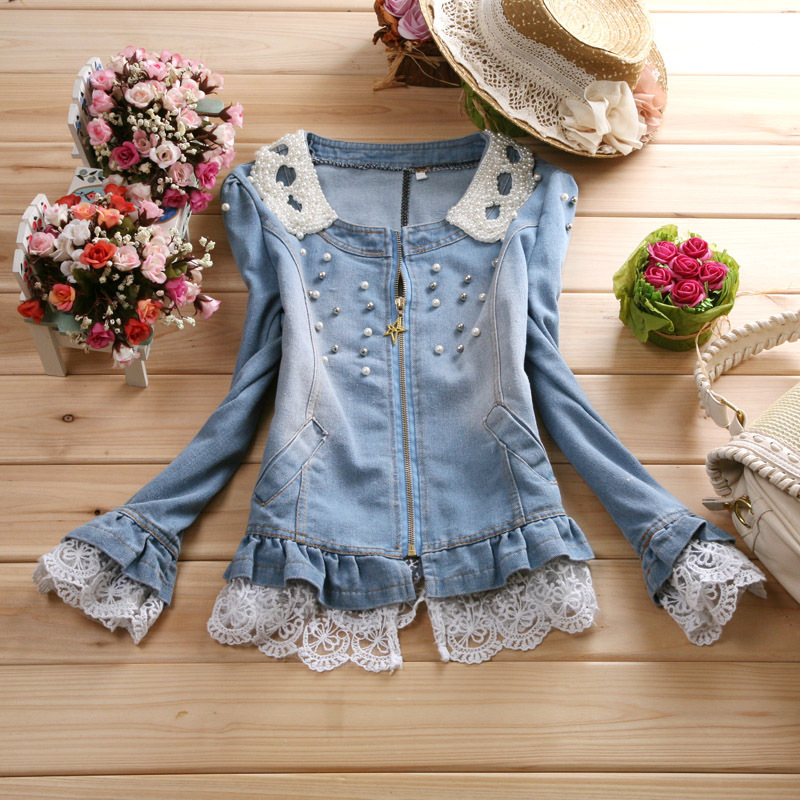 2012 autumn the trend of women water wash pearl water wash denim outerwear women's denim coat top