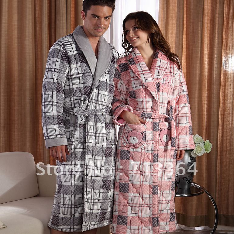 2012 Autumn thickening cotton-padded super soft coral fleece sleepwear plaid lacing long-sleeve lovers robe set