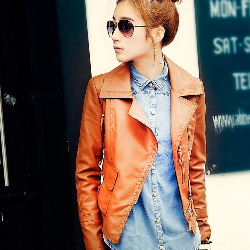 2012 autumn turn-down collar fashion motorcycle short design slim PU women's jacket short jacket 12b2102h