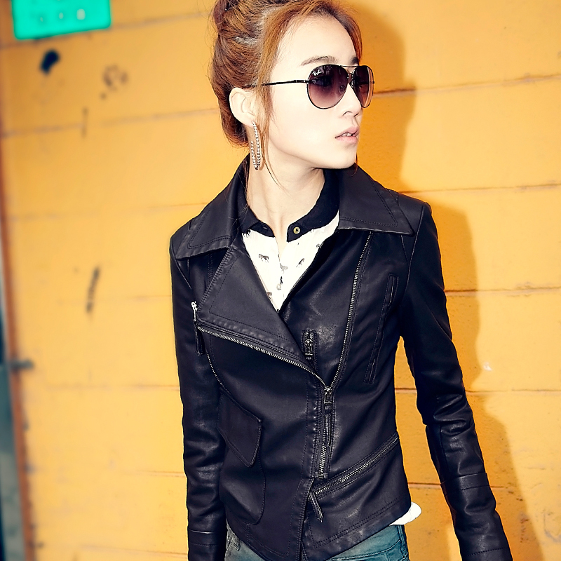 2012 autumn turn-down collar motorcycle short design women's PU small leather clothing women jacket 12b2090g