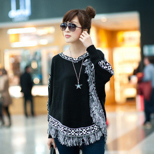 2012 autumn V-neck batwing tassel cloak type loose plus size sweater outerwear female