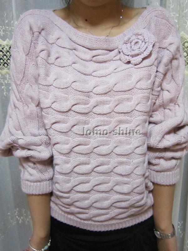 2012 autumn vintage loose slit neckline coarse knitting pullover knitted twisted three-dimensional flower batwing sleeve sweater