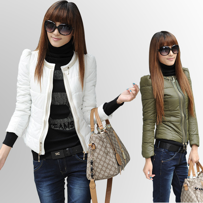 2012 autumn wadded jacket outerwear female puff sleeve zipper decoration casual slim wadded jacket