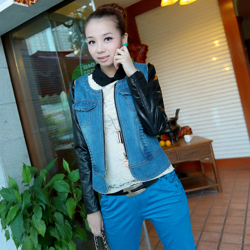 2012 autumn water washed leather denim patchwork outerwear slim personalized motorcycle outerwear Women 002