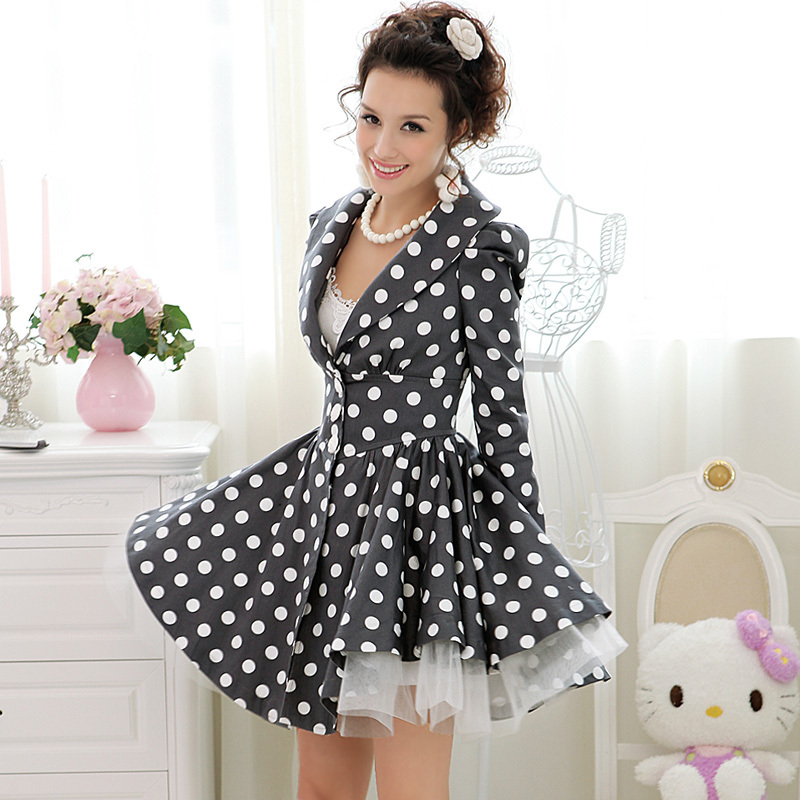 2012 autumn white and gray polka dot royal elegant big skirt slim long-sleeve trench women outerwear