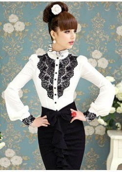 2012 autumn white black lace ruffle stand collar puff sleeve slim shirt