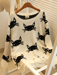 2012 autumn wildfox cartoon kitty hole cutout long-sleeve pullover sweater free shipping