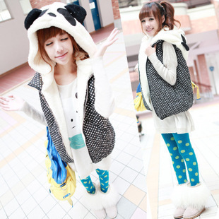 2012 Autumn Winter Cute Panda Head Hooded Polka Dot Outerwear For Female Vest