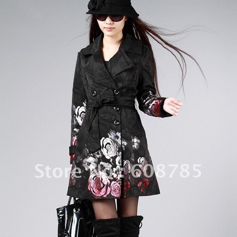 2012 autumn winter female rose jacquard outwear double breasted fashion slim body long design windbreaker free shipping B0457