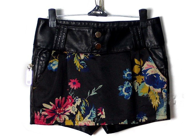 2012 Autumn Winter New Printing Color Stitching Leather Skirt Slim Show Thin Leather Package Skirts Culottes Free Shipping