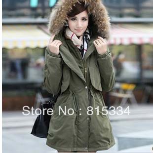 2012 autumn winter women casual hooded big fur collar dwon jacket/thickening medium-long cotton-padded donw jacket free shipping