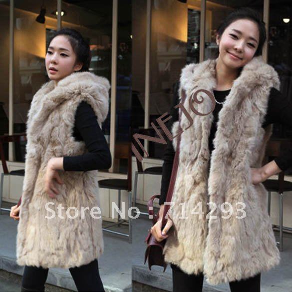 2012 autumn winter women fashion imitation rabbit fur with a hooded fur vest coat long vest Black/Apricot 7668