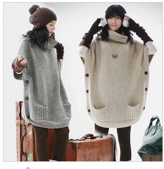 2012 autumn winter women's loose long design buckle sweatshirts /  ladies plus size turtleneck design knitted sweater outerwear