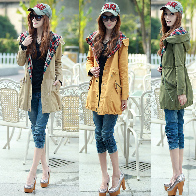 2012 Autumn winter women's outerwear cotton medium-long women's with a hood trench plaid overcoat plus size,Free transportation