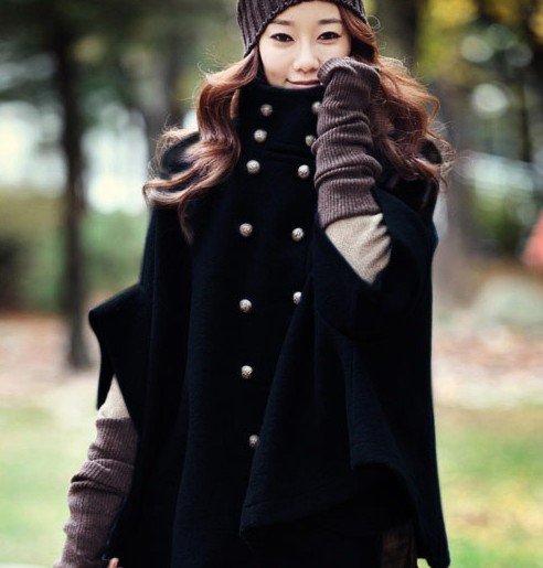 2012 autumn winter women's sheep trophonema wool coat outerwear cloak cape PU trench outerwear