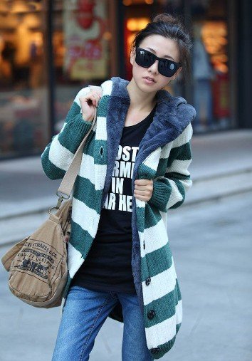 2012 Autumn Winter Womens Hoodies Sweater Coat Vintage Stripe Add Wool Thinken Sweater Coat Women Retail Free Shipping