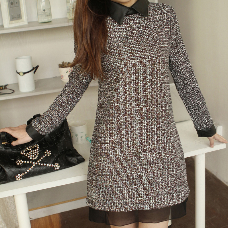 2012 autumn winters is small sweet wind  PU leather splicing pointed collar tweed OP dress