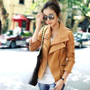 2012 autumn Women coat leather jacket slim short design motorcycle double turn-down collar PU small leather clothing