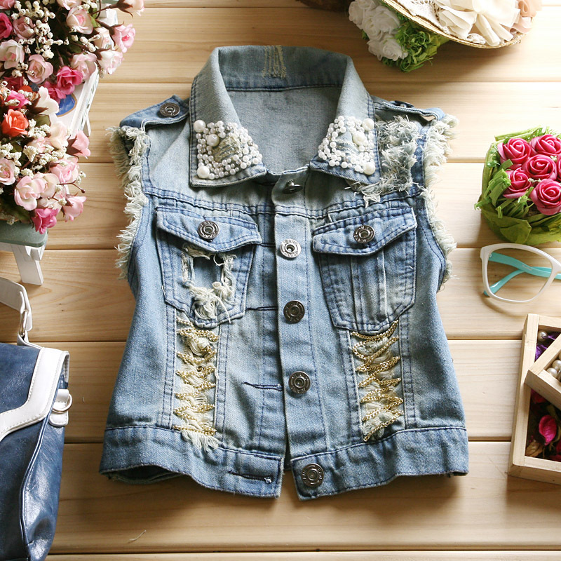 2012 autumn Women fashion all-match water wash vest denim hole tassel vest