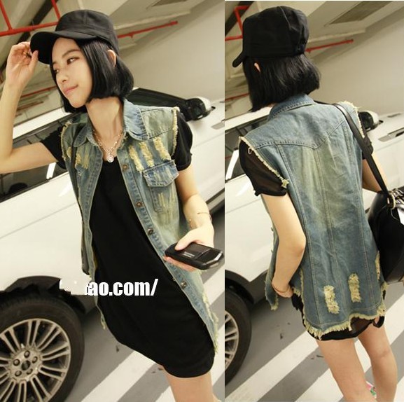 2012 autumn women's 0418 casual all-match slim hole medium-long denim vest