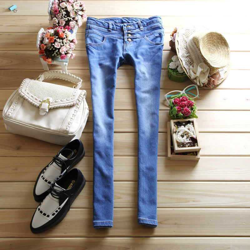 2012 autumn women's 4 breasted low-waist elastic jeans female skinny pants blue