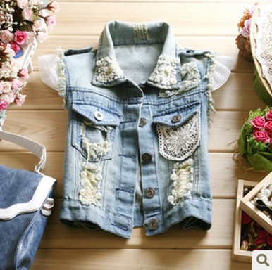 2012 autumn women's all-match fashion crochet rivet beading sleeveless vest denim vest short jacket