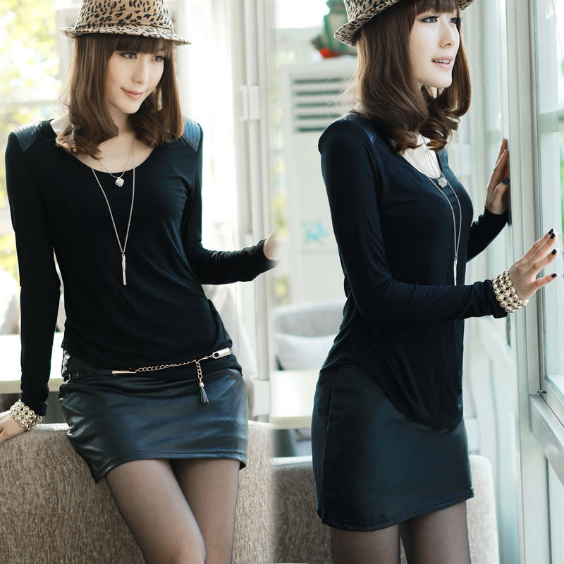 2012 autumn women's all-match slim basic patchwork clothing leather skirt