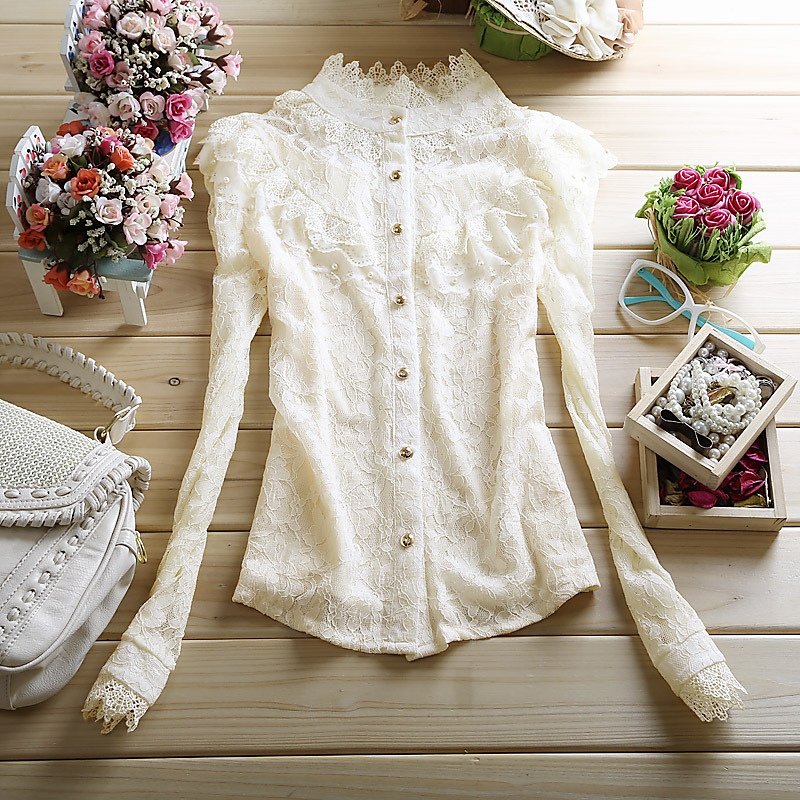 2012 autumn women's all-match stand collar long-sleeve cutout lace basic shirt gauze long-sleeve lace shirt