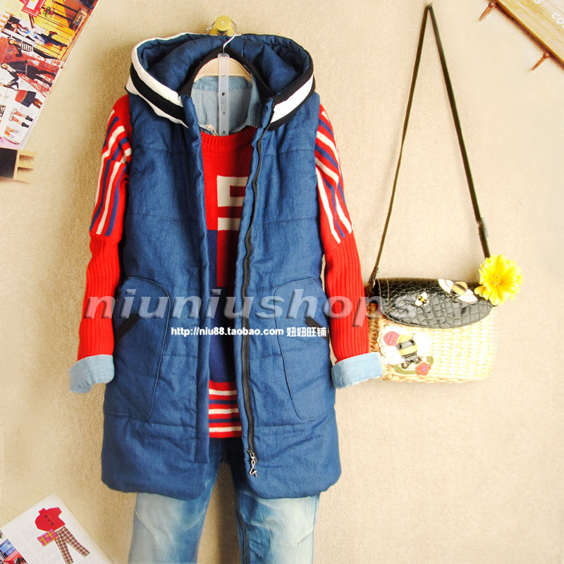 2012 autumn women's all-match stripe cap zipper plus cotton slim vest long design vest