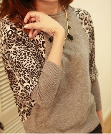 2012 autumn women's batwing sleeve leopard print patchwork rabbit hair loose sweater basic shirt female