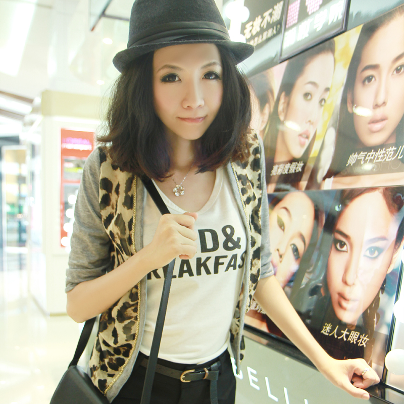 2012 autumn women's chiffon leopard print cotton short jacket 18- 25 female