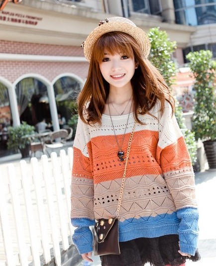 2012 autumn women's color block cutout wave batwing sleeve sweater  Free shipping