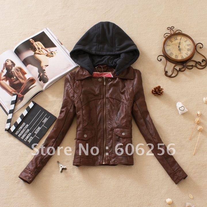 2012 autumn women's cool casual with hood short design slim PU  leather clothing,women fashion leather jacket