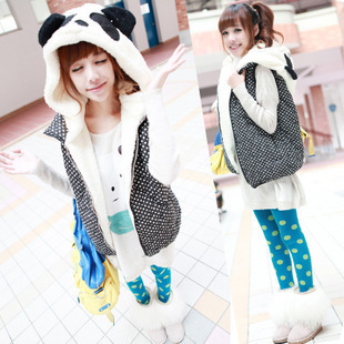 2012 autumn women's cute panda hat polka dot with a hood vest