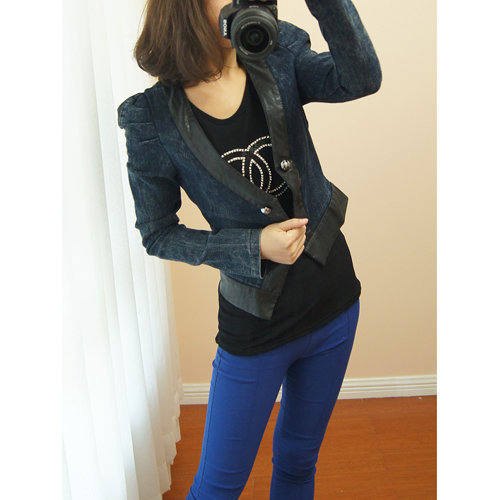 2012 autumn women's denim patchwork big puff sleeve slim brief coat