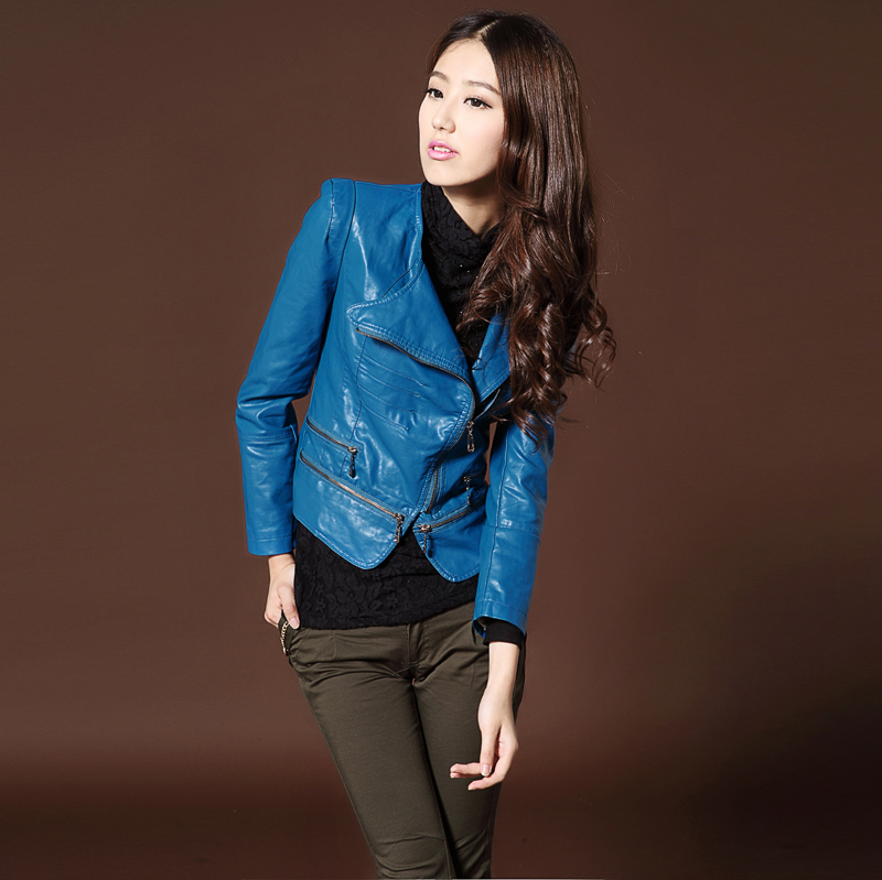 2012 autumn women's fashion design o-neck short slim small leather personalized clothing outerwear female leather jacket