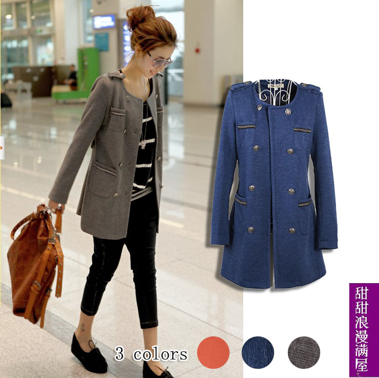 2012 autumn women's fashion double breasted 893029 o-neck medium-long solid color outerwear