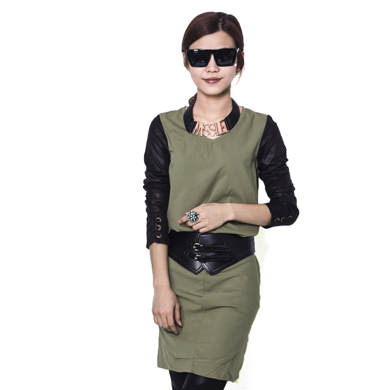 2012 autumn women's fashion elegant leather gentlewomen patchwork one-piece dress one-piece dress