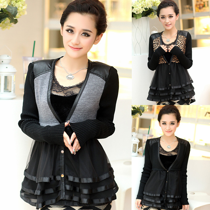 2012 autumn women's fashion gauze chiffon patchwork knitted coat Super Sexy Long Sleeve Black Lace Dresses