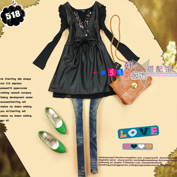 2012 autumn women's fashion leather u patchwork bow faux two piece set one-piece dress