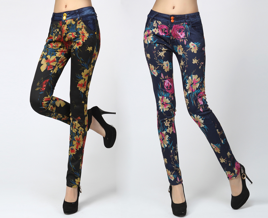 2012 autumn women's fashion print rose floral skiny black denim jeans for ladies blue slim pencil pants free shipping