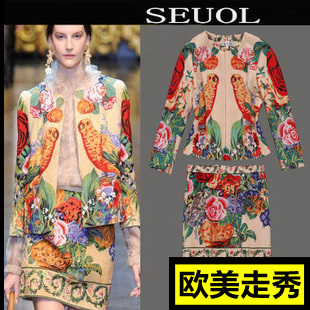 2012 autumn women's fashion vintage print slim short jacket half-skirt twinset