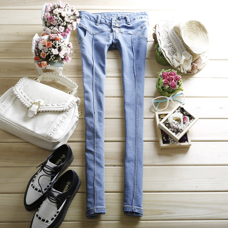 2012 autumn women's fashion water wash buttons elastic skinny pants denim long trousers