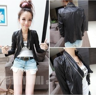 2012 autumn women's fashion zipper slim motorcycle paragraph long-sleeve coat faux leather clothing