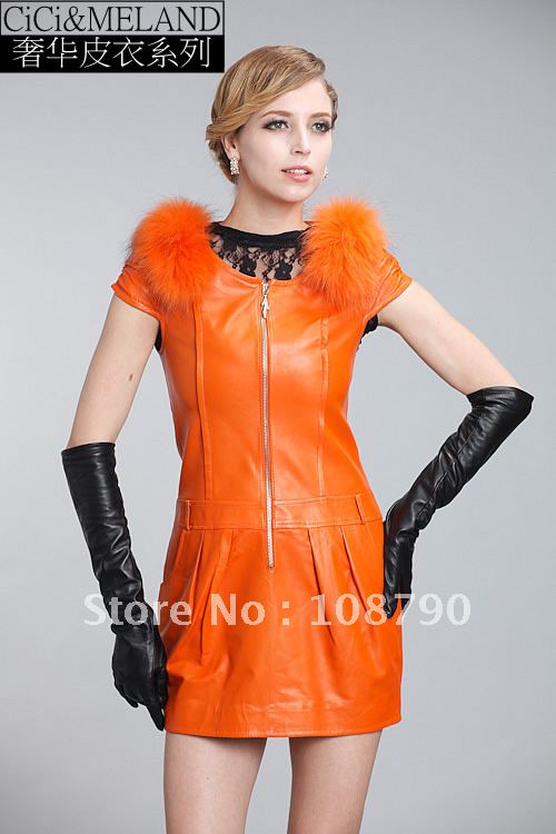 2012 autumn women's genuine leather one-piece dresses lady medium-long slim sheepskin leather skirt removeable raccoon fur